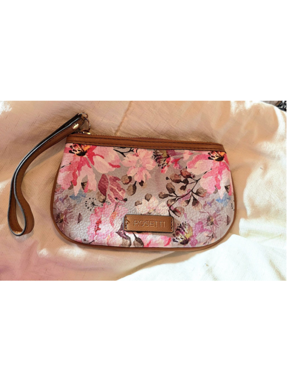 Rosetti Floral Wristlet Pouch Pink Brown Zip Top Wallet Clutch